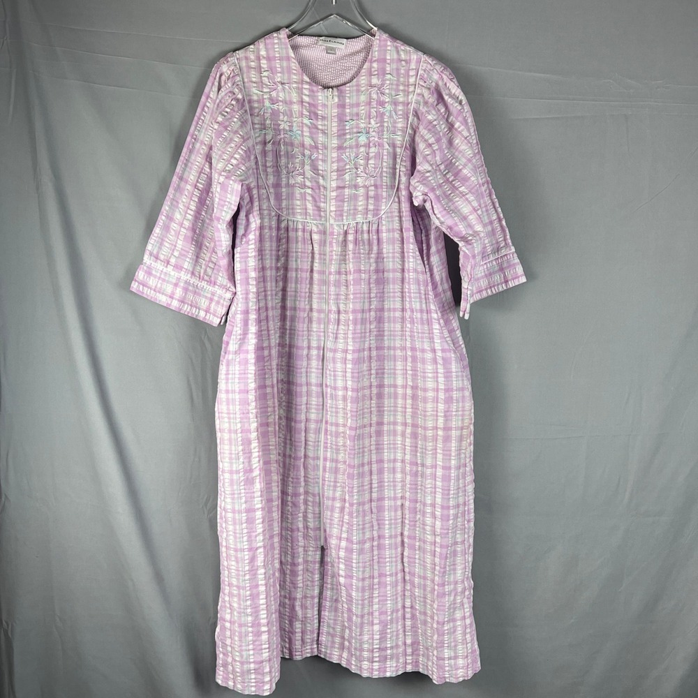 Miss Elaine Robe Women Large Multicolor Plaid Embroidery Leafs Pleated Front Zip